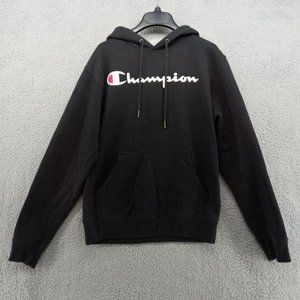 Champion Hoodie Mens Small Black Long Sleeve Pullover Hooded Sweatshirt Logo